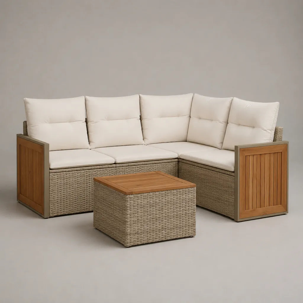 Giardino esterno con divano angolo 5 posti in resina intrecciata, legno e metallo, beige, talpa, marrone e grigio, 225 × 225 × 80 cm, tavolo 70 × 70 × 45 cm