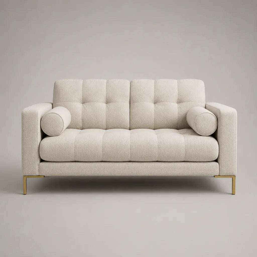 Divano a 2 posti in poliestere beige imbottito con piedini in acciaio dorato, 165 × 84 × 86 cm