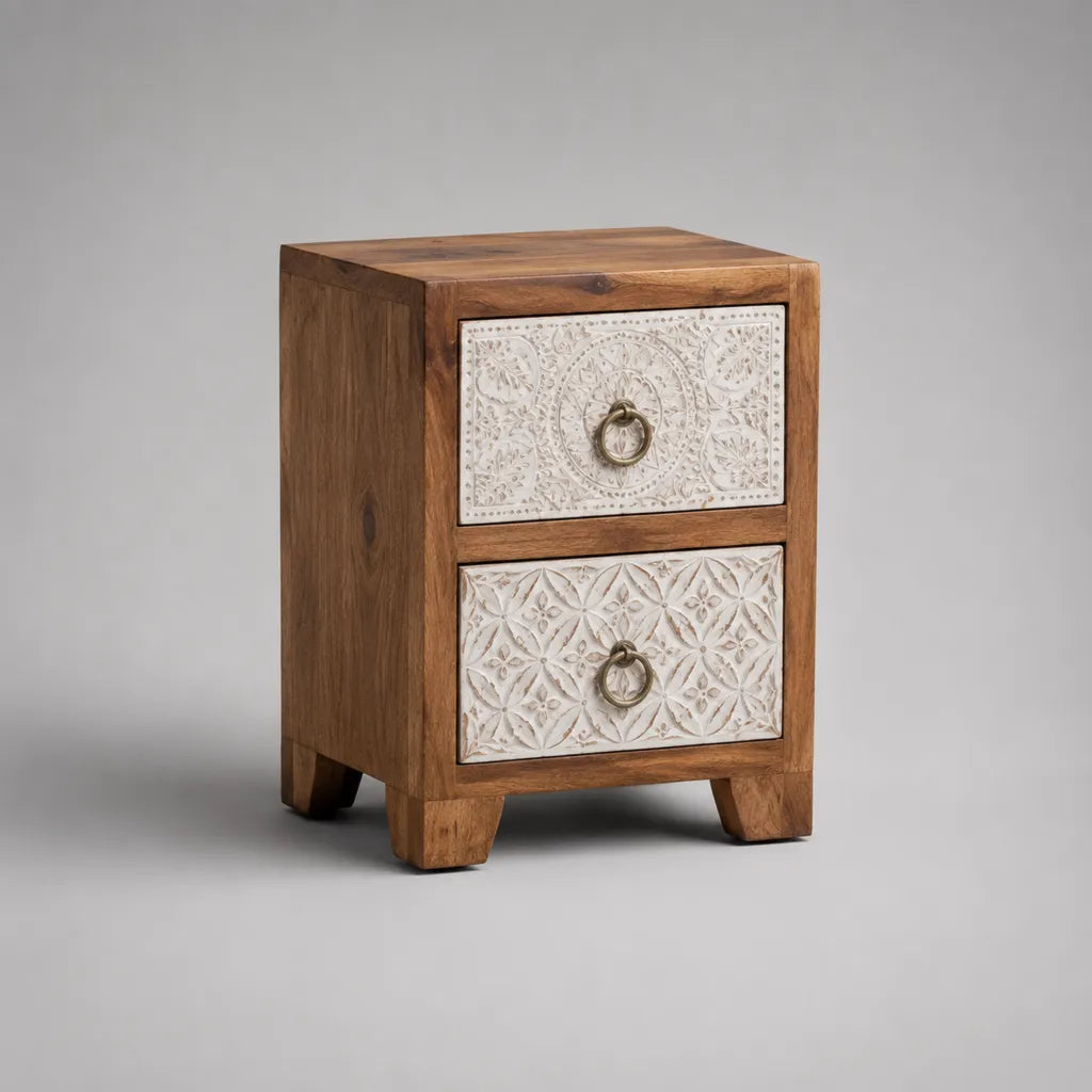 Tavolo rettangolare in legno massello con 2 cassetti, marrone e avorio, 45 × 35 × 60 cm
