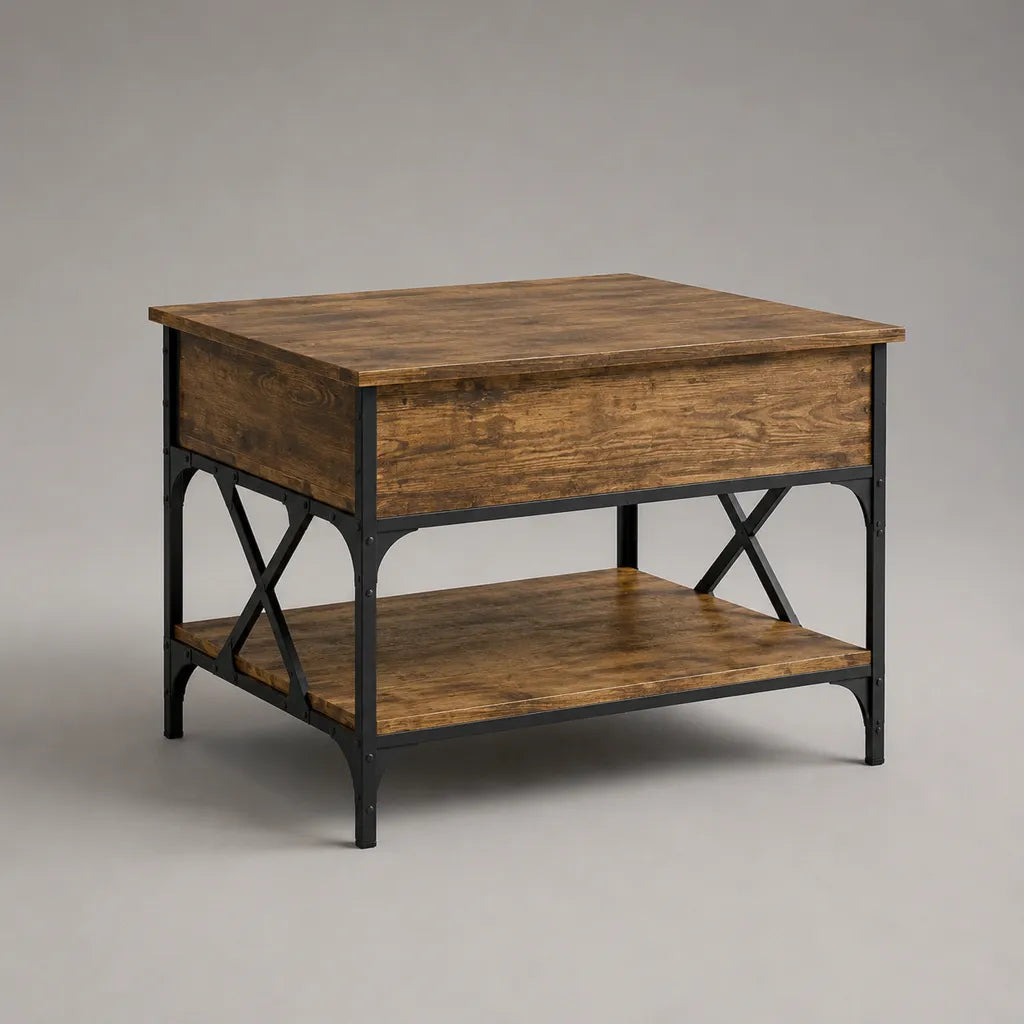 Tavolino quadrato con ripiano in melamina e acciaio, rustico marrone e nero, 80 × 80 × 60 cm