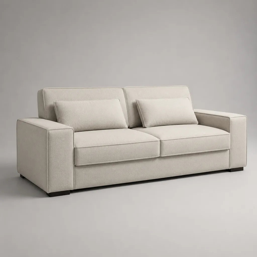 Divano rettangolare a 3 posti in tessuto poliestere beige con 2 cuscini lombari, 210 × 90 × 85 cm