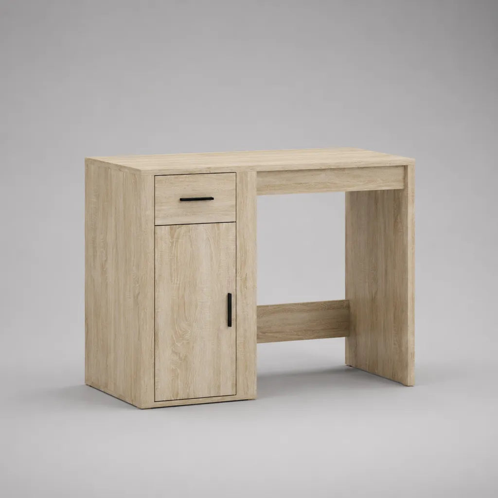 Scrivania rettangolare in pannello a particelle in melamina con cassetto e armadio, rovere chiaro e nero, 100 × 50 × 75 cm