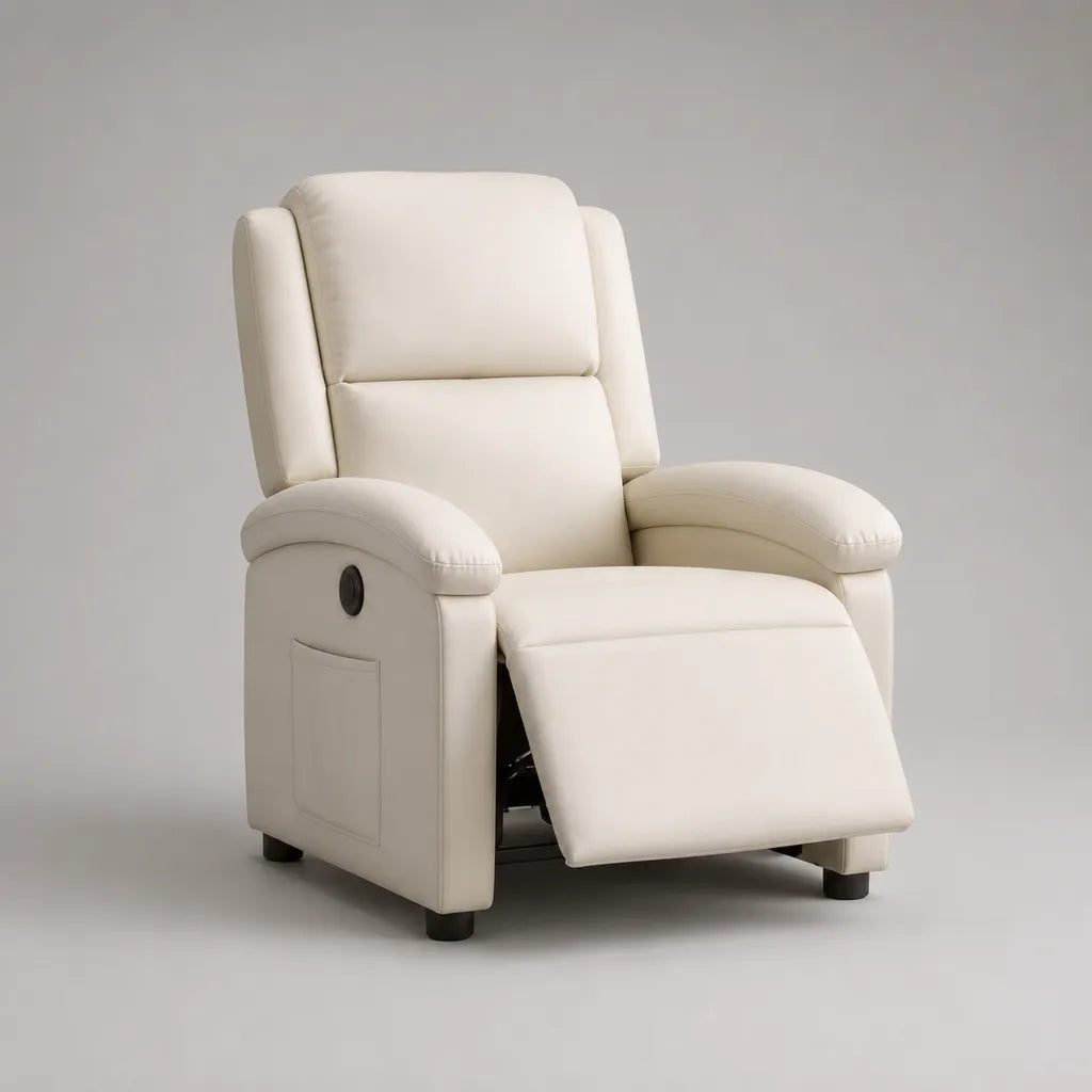 Poltrona inclinabile a 1 posto in pelle bianca rotta, schienale alto, 86 × 92 × 105 cm