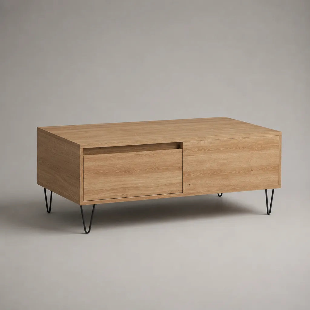 Tavolino rettangolare in legno e metallo con stoccaggio, rovere naturale e nero, 110 × 60 × 45 cm