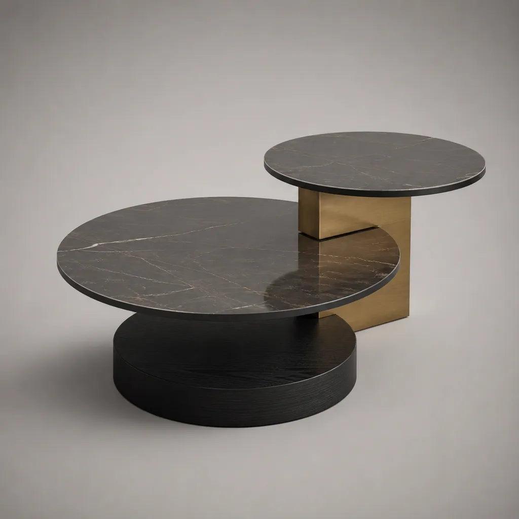 Set di 2 tavolini rotondi in pietra nera, legno nero e metallo oro, Ø80 x H35 cm e Ø60 x H45 cm