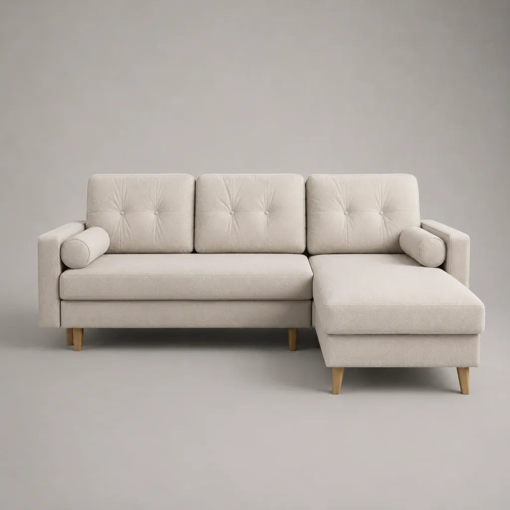 Divano angolare a 3 posti in tessuto crema beige con meridiano dritto, 220 × 145 × 85 cm