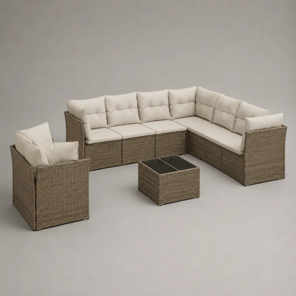 Giardino esterno 6 posti in resina intrecciata, divano angolo 236 × 236 × 74 cm, poltrona e tavolino, tallone, beige e nero