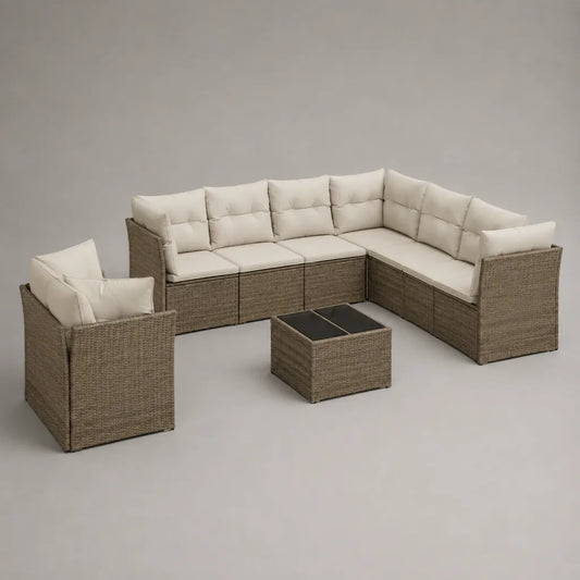 Giardino esterno 6 posti in resina intrecciata, divano angolo 236 × 236 × 74 cm, poltrona e tavolino, tallone, beige e nero