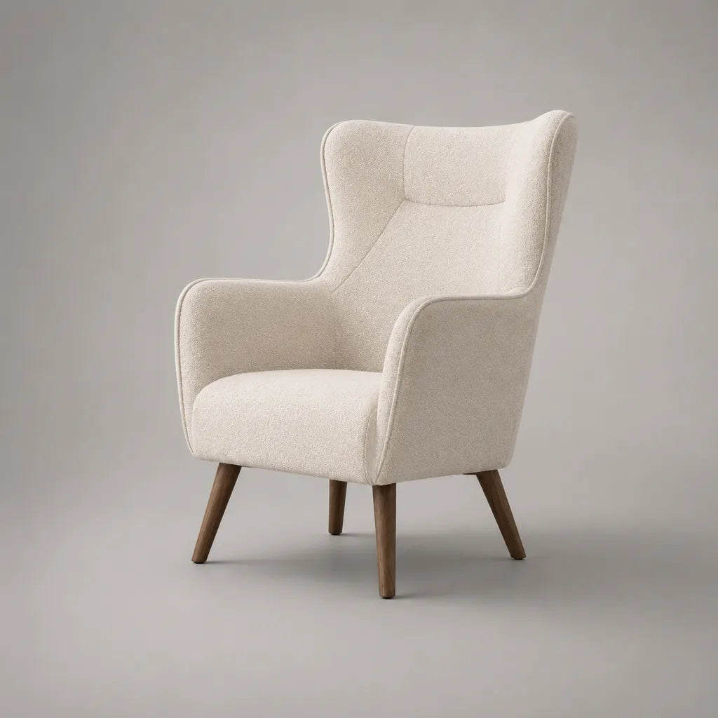 Poltrona auricolare in tessuto cremoso ricci con braccioli e piedi in legno massello, 75 × 82 × 105 cm