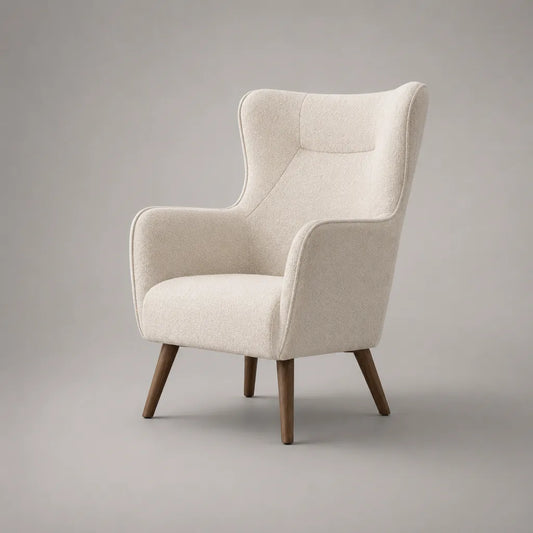 Poltrona auricolare in tessuto cremoso ricci con braccioli e piedi in legno massello, 75 × 82 × 105 cm
