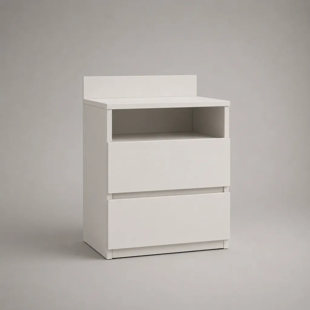 Bianco comodino in pannello a particelle con nicchia e 2 cassetti, 40 × 35 × 65 cm