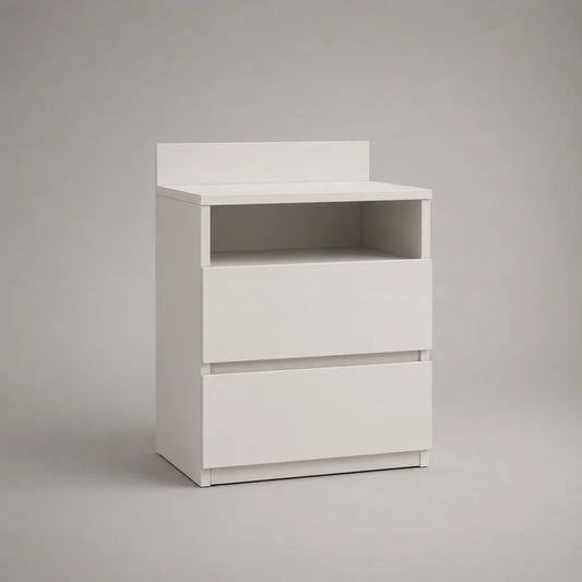 Bianco comodino in pannello a particelle con nicchia e 2 cassetti, 40 × 35 × 65 cm