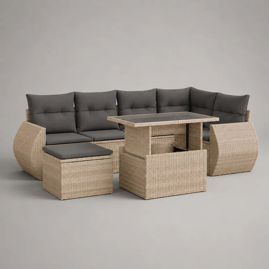 Soggiorno da giardino 8 posti in resina intrecciata beige con cuscini grigi antracite, divano angolare 260 × 190 × 84 cm e tavolo estraibile 120 × 70 cm