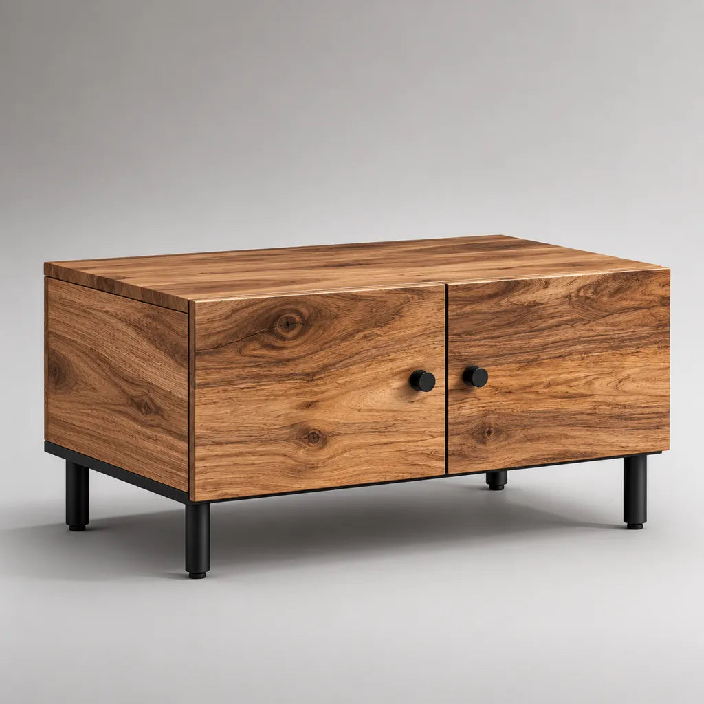 Tavolino rettangolare con ripostiglio con 2 porte in legno e metallo, marrone noce e nero, 90 × 50 × 45 cm