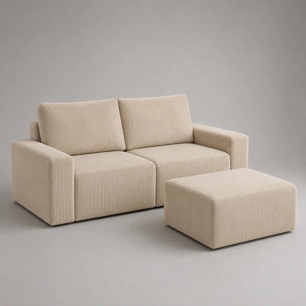 Set di 2 pezzi – Divano biposto con pouf in velluto in poliestere beige, divano 180 × 85 × 80 cm, pouf 80 × 60 × 40 cm