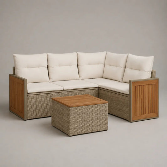 Giardino esterno con divano angolo 5 posti in resina intrecciata, legno e metallo, beige, talpa, marrone e grigio, 225 × 225 × 80 cm, tavolo 70 × 70 × 45 cm