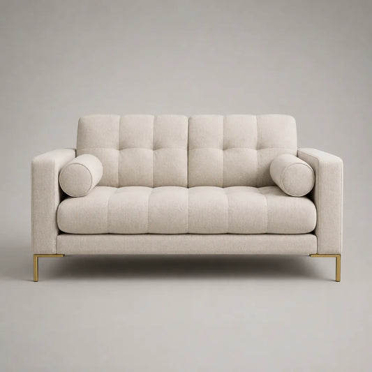 Divano a 2 posti in poliestere beige imbottito con piedini in acciaio dorato, 165 × 84 × 86 cm