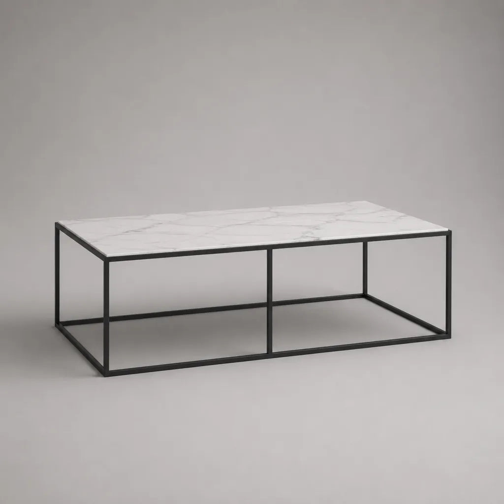 Tavolino rettangolare con effetto marmo bianco MDF e struttura in acciaio nero, 110 × 55 × 40 cm