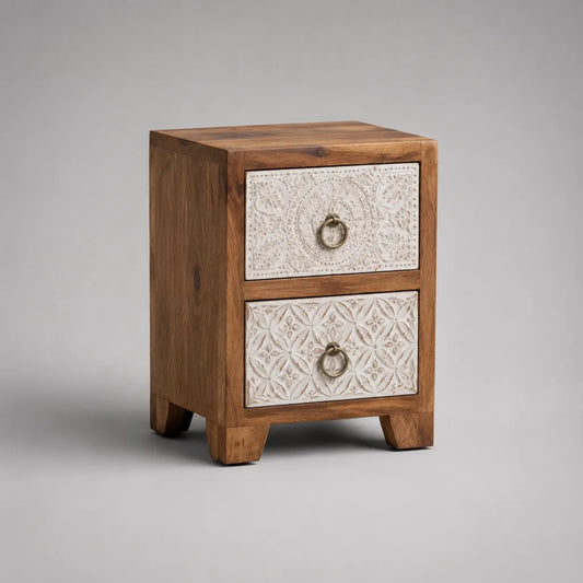 Tavolo rettangolare in legno massello con 2 cassetti, marrone e avorio, 45 × 35 × 60 cm