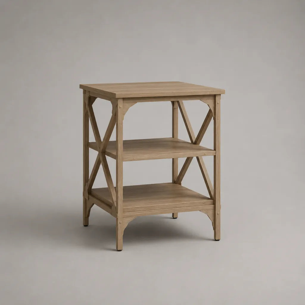 Tavolo laterale quadrato con 2 ripiani, marrone chiaro, pino massiccio e MDF placcato, 45 × 45 × 65 cm
