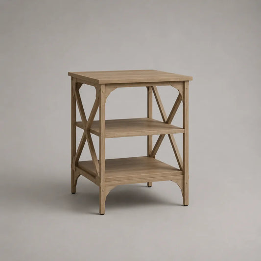 Tavolo laterale quadrato con 2 ripiani, marrone chiaro, pino massiccio e MDF placcato, 45 × 45 × 65 cm