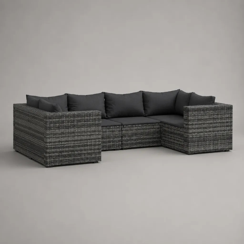 Set divano da giardino modulare a 6 posti in plastica intrecciata e acciaio, grigio e antracite, 264 × 144 × 68 cm