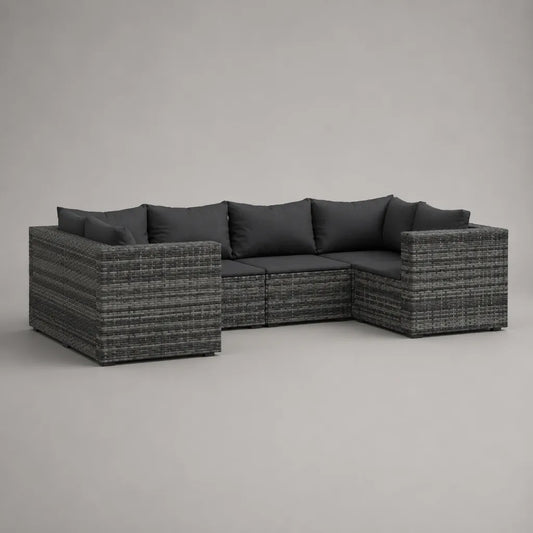 Set divano da giardino modulare a 6 posti in plastica intrecciata e acciaio, grigio e antracite, 264 × 144 × 68 cm