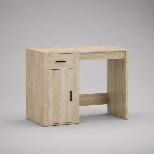 Scrivania rettangolare in pannello a particelle in melamina con cassetto e armadio, rovere chiaro e nero, 100 × 50 × 75 cm