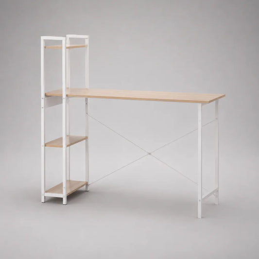 Scrivania con ripiano a 4 livelli in pannello di particelle di melamina e acciaio, rovere bianco e leggero, 150 × 50 × 150 cm