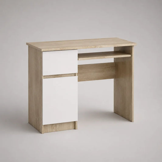 Scrivania per computer rettangolare in pannello a particelle con stoccaggio, rovere chiaro e bianco, 100 × 50 × 75 cm