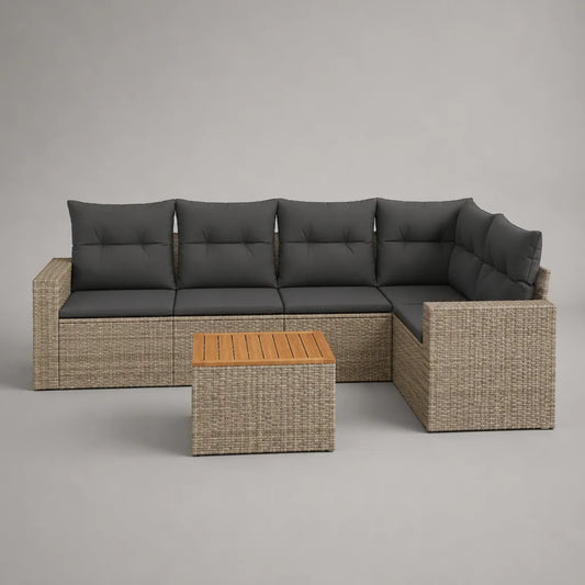 Mobili da giardino a 5 posti con tavolo in resina intrecciata, acciaio e legno, beige, grigio antracite e marrone naturale, 243 × 183 × 84 cm