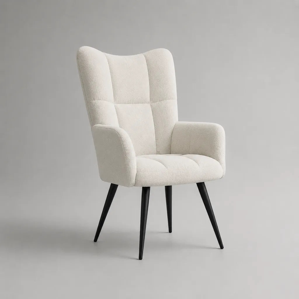 Poltrona in tessuto anello bianco rotto con piedini in acciaio nero, 72 × 78 × 105 cm