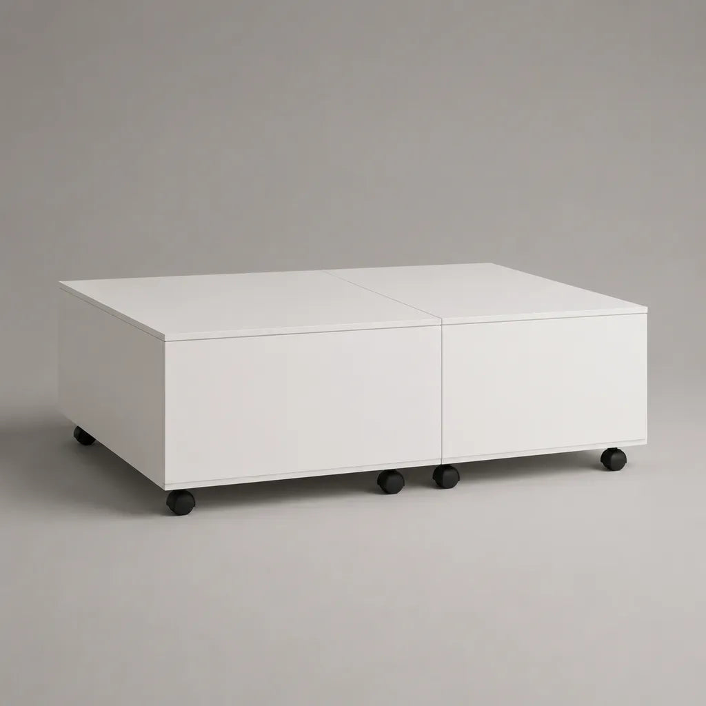 Set di 2 tavoli quadrati in MDF bianco con stoccaggio e ruote, 60 × 60 × 40 cm per tavolo