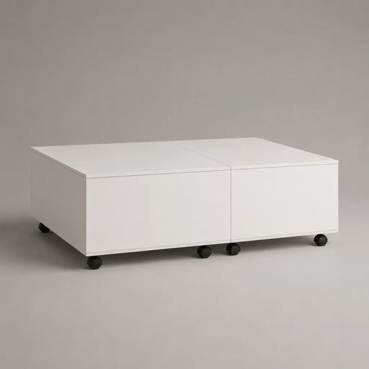 Set di 2 tavoli quadrati in MDF bianco con stoccaggio e ruote, 60 × 60 × 40 cm per tavolo