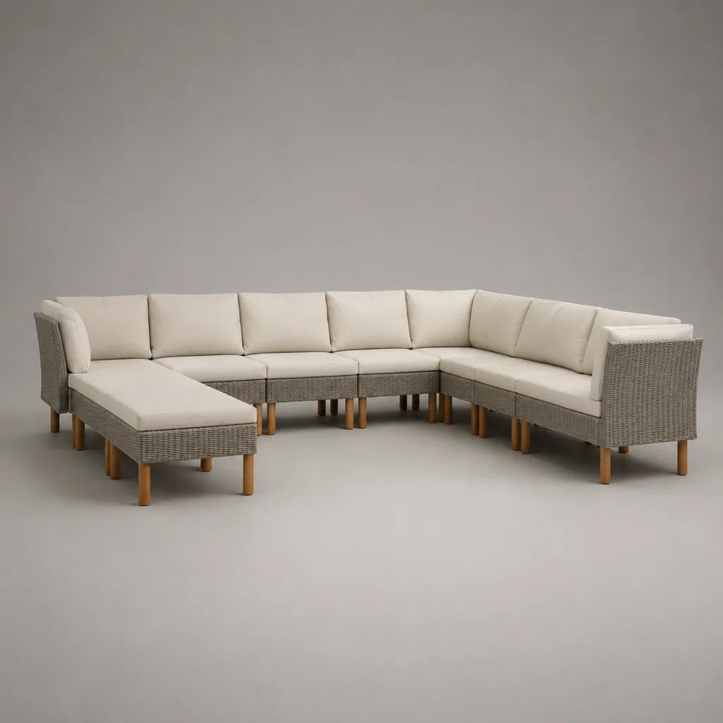 Divano da giardino modulare a 7 posti in resina intrecciata PE e tessuto poliestere, a forma di U, grigio taupe e beige, 310 × 220 × 76 cm