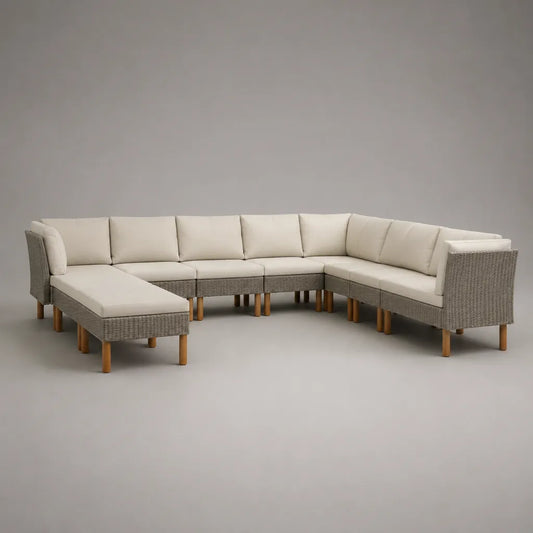 Divano da giardino modulare a 7 posti in resina intrecciata PE e tessuto poliestere, a forma di U, grigio taupe e beige, 310 × 220 × 76 cm