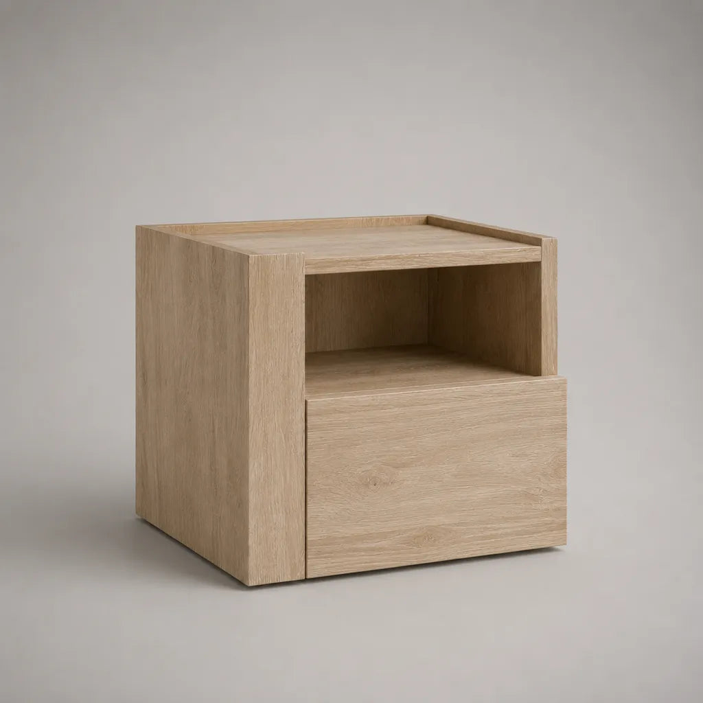 Tavolo da letto a pannello di particelle di melamina effetto rovere chiaro con nicchia e cassetto, 45 × 40 × 50 cm