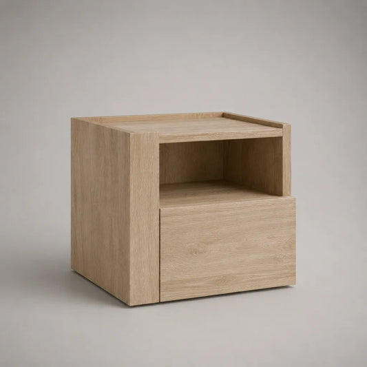 Tavolo da letto a pannello di particelle di melamina effetto rovere chiaro con nicchia e cassetto, 45 × 40 × 50 cm