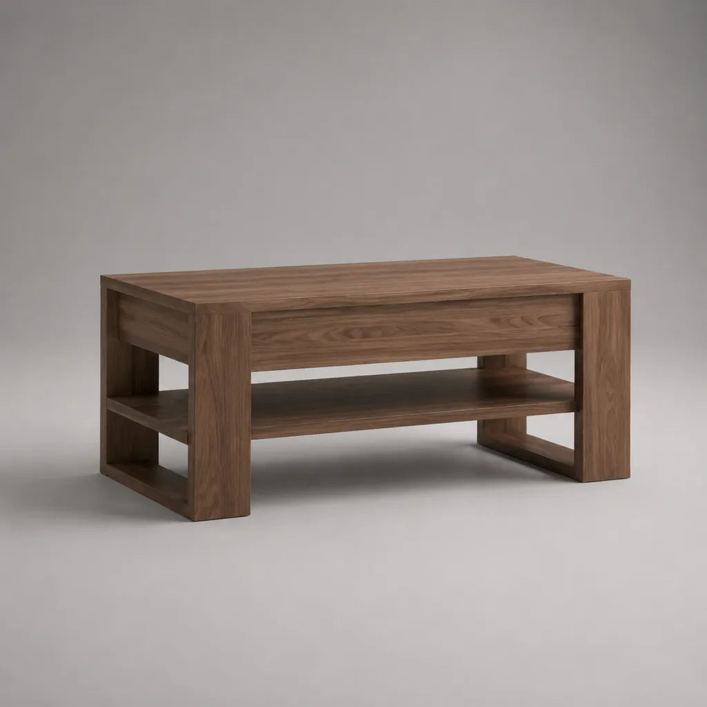 Tavolo basso rettangolare in pannello di particelle melamine con cassetto e ripiano, noce marrone, 100 × 55 × 45 cm