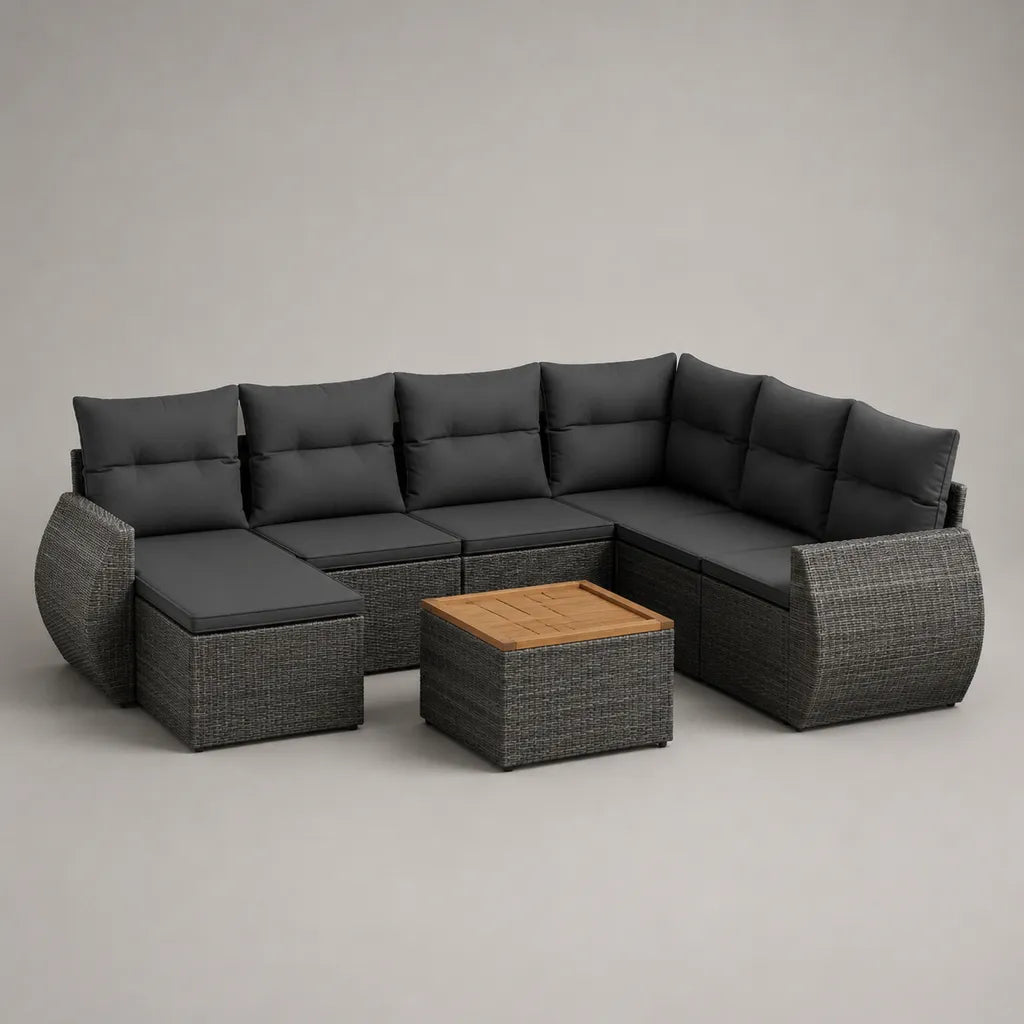Mobili da giardino in U 7 sedili in resina intrecciata, acciaio e tessuto, antracite e marrone naturale, divano 286 × 219 × 73 cm, tavolo 65 × 65 × 34 cm