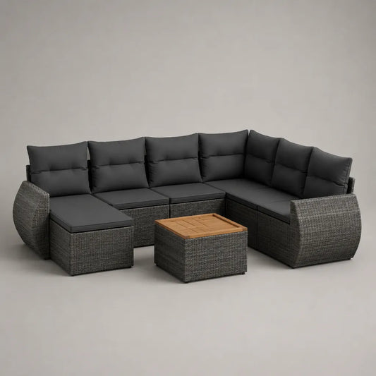Mobili da giardino in U 7 sedili in resina intrecciata, acciaio e tessuto, antracite e marrone naturale, divano 286 × 219 × 73 cm, tavolo 65 × 65 × 34 cm