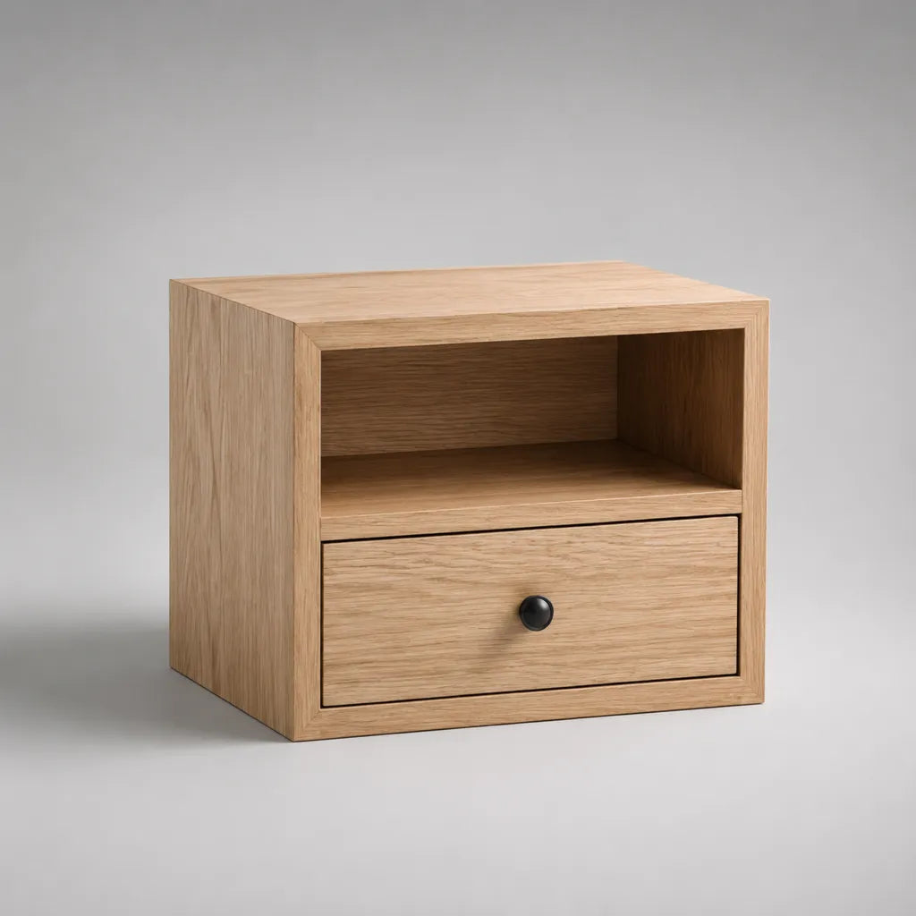 Comodino rettangolare in legno con 1 cassetto e 1 nicchia, rovere chiaro e nero, 45 × 35 × 40 cm
