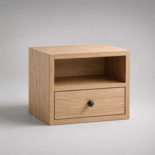 Comodino rettangolare in legno con 1 cassetto e 1 nicchia, rovere chiaro e nero, 45 × 35 × 40 cm