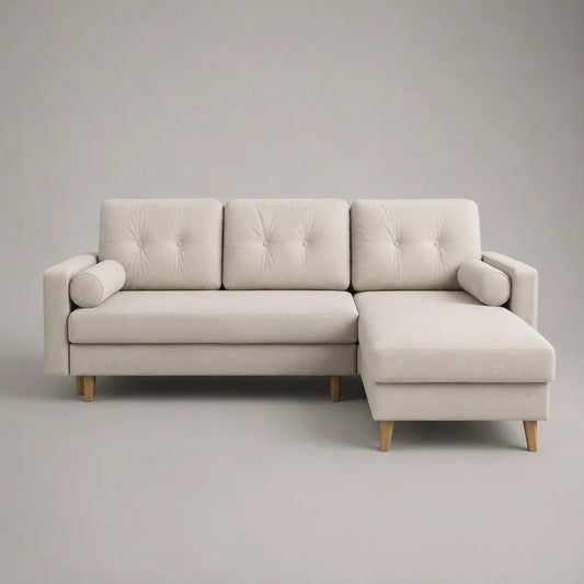 Divano angolare a 3 posti in tessuto crema beige con meridiano dritto, 220 × 145 × 85 cm